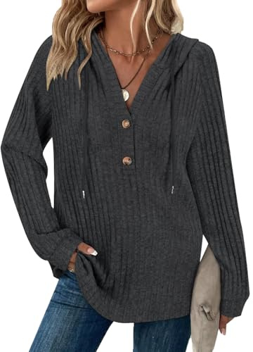 Syphiby Hoodies for Women Casual Long Sleeve Sweatshirts for Women UK Ladies Ribbed Knit Sweatshirts Button V Neck Jumpers for Ladies Casual Fall Winter Tops Womens Evening Tops Dark Grey