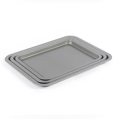 Salter Essentials BW13674 - Set di 3 teglie da forno impilabili, con rivestimento antiaderente, 31/35/39 cm, lavabili in lavastoviglie, facili da pulire, prodotte nel Regno Unito, vassoi per patatine