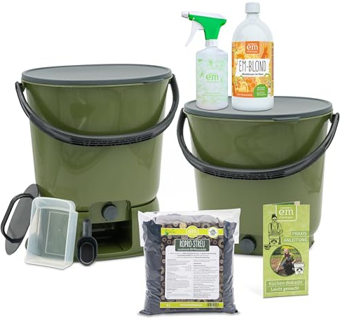 EM-Chiemgau Komposteimer Küche Geruchsdicht [2er Set] je 15,3 L Volumen Küchenabfalleimer Bokashi Set Eimer Komposter mit Zubehör für Küchenabfall, Mülltrennung & Kompostieren | Biomülleimer (Olive)
