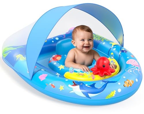Sunrad Schwimmring Baby mit UPF50+ Sonnendach,Baby Schwimmring ab 6-36 Monate Schwimmhilfe Kinder mit Verstellbarer Sicherheitssitz & Spielzeug,Kleinkind Pool Schwimmring für Jungen