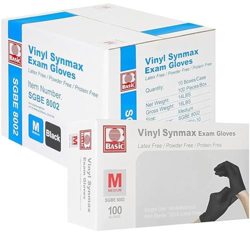 Disposable Medical Synmax Vinyl Exam Gloves- 4 mil Safty Glove 1000pcs - Latex-Free & Powder-Free - SGBE 8002, Medium (Case of 1000, Black)
