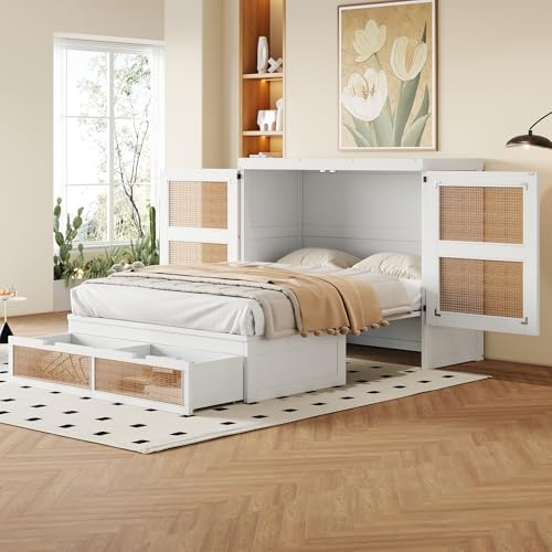 Letto Murphy 140x200 cm design in rattan con cassetti letti a scomparsa pieghevole con rete a doghe bed singoli per adulti salvaspazio beds per gli ospiti senza materasso bianco