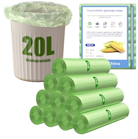 YOMKILU 200 Piezas Bolsas Basura Biodegradable 20L, 10 Rollen 50x60cm Bolsa Basura, 4-6 Gal Prueba de Fugas Bolsas de Basura para Sala de Estar, Cocina, Baño, Oficina, Verde