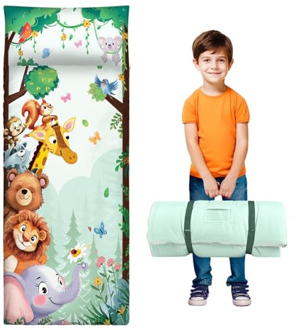 Sacco a Pelo per Bambini con Cuscino e Doppia Cerniera, 150x60 cm Nap Mat per Bambini, Ideale per Casa, Asilo, Scuola Materna e Campeggio, Animali