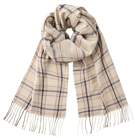 CALVIN & OLIVIA Lightweight Ultra-Soft Scarf - Perfect Holiday Gift for Men & Women - Beige Blue Plaid Tassel Scarf with Camel Accents