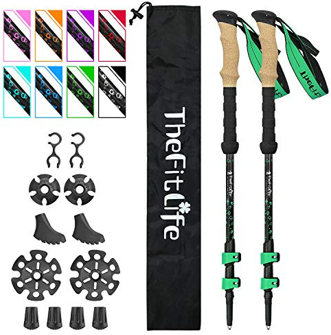 TheFitLife Carbon Fiber Trekking Poles – Collapsible and Telescopic Walking Sticks with Natural Cork Handle and Extended EVA Grips, Ultralight Nordic Hiking Poles for Backpacking Camping (Green)