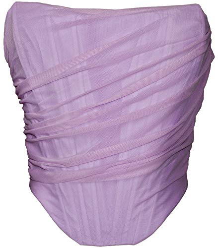 MOALLUOM Mesh Corset Crop Top Bustier Underbust Boned Backless Sleeveless Strapless Off Shoulder Aesthetic Bodyshaper for Women Y2K (Lilac, 0-2)