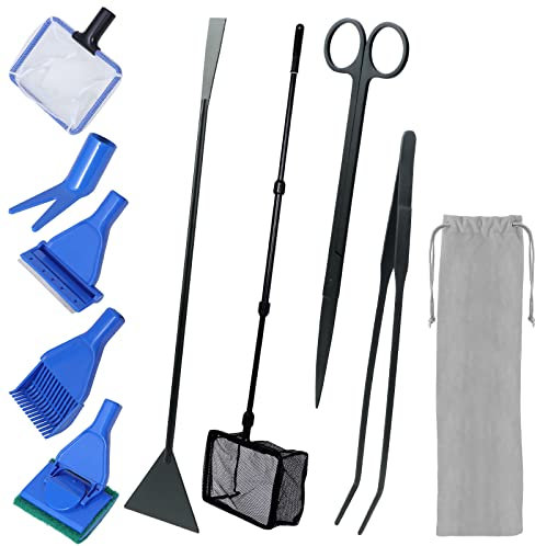 Moendergo 9-in-1 Aquarium-Reinigungswerkzeug-Set, Fischnetz, Kiesrechen, Pflanzengabel, Schaber, Schwamm und Edelstahl-Aquarium-Werkzeug-Set, Aquarium-Reiniger, Aquascape Wasserpinzette, Schaber-Set
