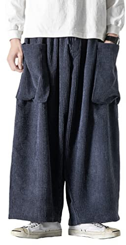 HAORUN Herren Baggy Cordhose Kung-Fu Hose Loose Casual Bottom Hip Hop Grau, Marineblau 3, Groß
