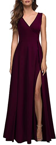MUSHARE Women's V Neck Sleeveless Split Formal Dress Cocktail Party Prom Long Dresses Burgundy
