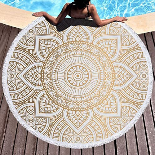 Rowjoy Toalla de Playa Redonda de Mandala, Toalla de Baño de Microfibra Grande 150cm, Toalla de Camping Ligera y Portátil, Adecuada para Playa, Yoga, Bufanda Tapestry.(Y8)