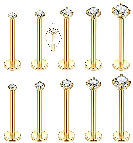 Oveta Threadless Labret Jewelry 16G Long Bar 12 mm Labret Medusa Monroe Ashely Piercing Lip Jewerly, Gold Lip Rings for Women, 10 Pcs