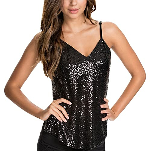 Femme Débardeur à Pailettes Sequin Brillant Top Sexy Col en V Tank Tops Camisole Top Haut Court Chic Chemise sans Manche Blouse Tops Tee-Shirt pour Soirée Clubbing