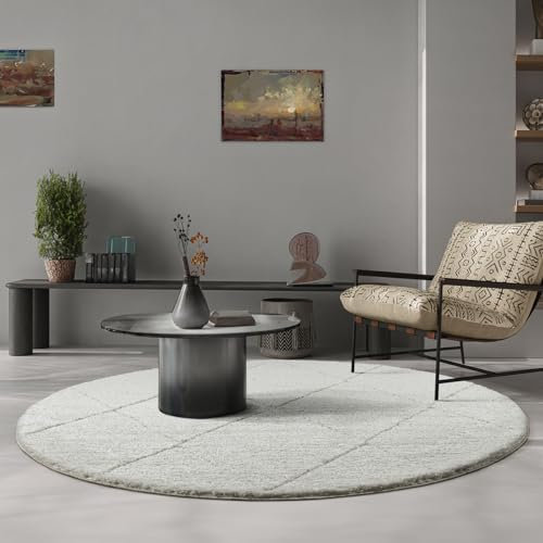 the carpet Bahar Shaggy eleganter Designer Teppich Wohnzimmer, weicher & pflegeleichter Hochflor Wohnzimmerteppich in Creme-Raute 120 cm Rund