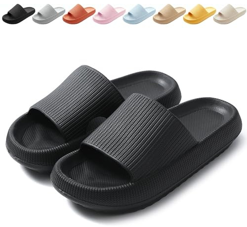 BHFRGAS Sliders Cloud Slippers Women Men，Non-Slip Mens Womens Slippers Cloud Sliders，Soft Flip Flops with Thick Sole for Shower Bathroom Pool Beach，Black, 6-7 UK