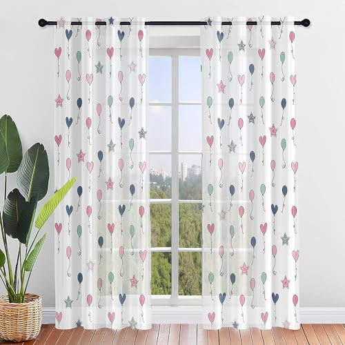 ENEN Lot de 2 Rideau Voile, Rideau Voilage Translucides Rideaux avec Oeillets pour Salon, Coucher Voilage Fenetre avec Ballons Coloré, Chambre d'enfant Panneaux de Rideaux (Étoile,107x160cm)