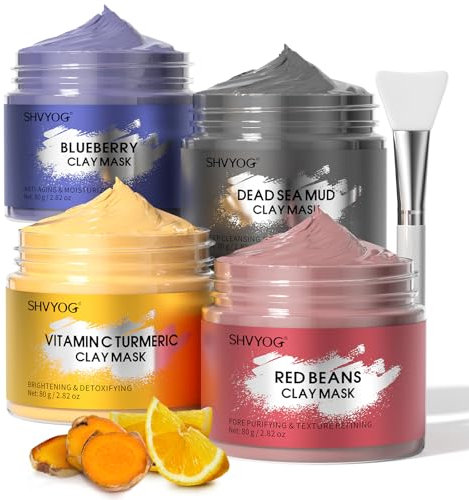 Lot Masques à L'argile, Masque à L'argile à Vitamine C Curcuma, Masque à Boue Mer Morte, Masque à L'argile Aux Myrtilles Haricots Rouges, Nettoyage Profondeur, Éclaircit Teint, Coffrets Cadeaux, 320g