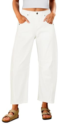 Utyful Barrel Jeans - Pantalones de Mezclilla Holgados para Mujer, de Cintura Alta, Desgastados, Sueltos, elásticos, con Bolsillos, Crema Blanco, Medium