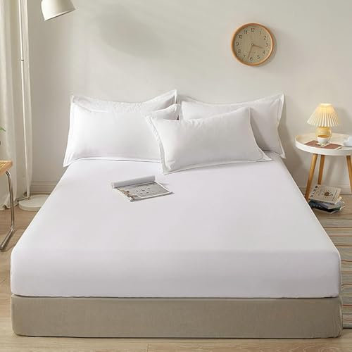 KnSam Weiß Betttuch mit 2er Kissenbezüge 90x190cm Set 3tlg Schutz, Spannbettlaken Einfarbig Textilien Klassische, Baumwolle Bett Laken Bezug Unterbett als Schutz für Boxspringbett & Topper
