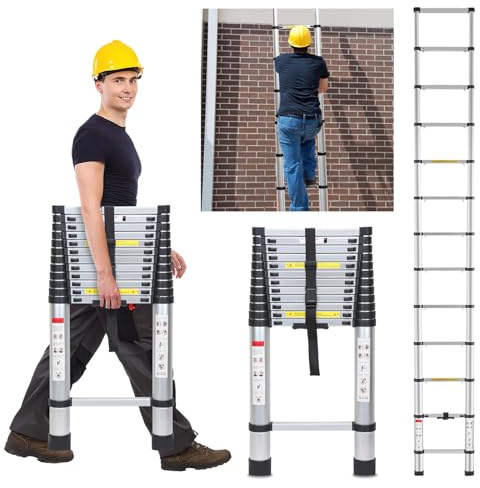 Fiqops teleskopstege 5 m utdragbar stege halkfri, 150 kg/330 lb lastkapacitet ledare, utdragbar teleskopstege aluminiumstege multifunktionsstege