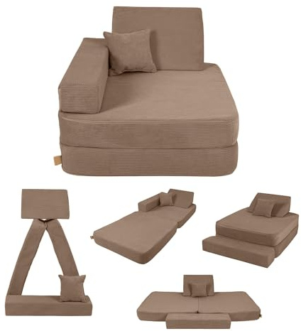 Angelove Sillón Infantil 3‑en‑1 - Sofá Modular Plegable y Colchoneta de Juego de Pana, Cómodo Desde 1 año, Marrón