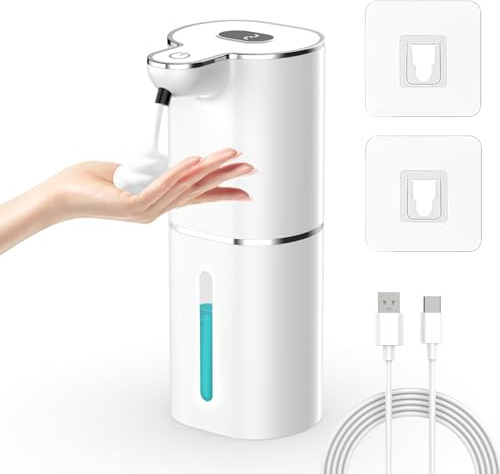Seifenspender Automatisch, Gcstnn 380ml Elektrischer Schaumseifenspender mit Sensor, Wandmontage, USB Wiederaufladbar, LCD Anzeige, IPX5 Wasserdicht, für Badezimmer, Küche, Spülmittel - Weiß