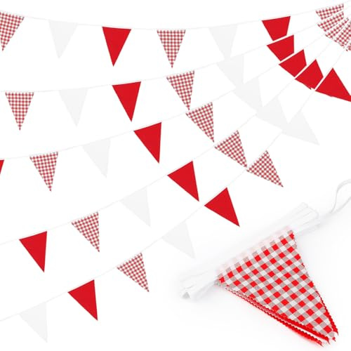 10 m de banderines rojos y blancos (36 unidades), banderines de tela con bandera de gingham, para primavera, pícnic, al aire libre, fiestas en casa, festivales, decoración, Navidad, boda, cumpleaños