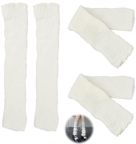 Sylalxeba 2 Paires de Jambières Femme 40cm Longues, Jambières Tricotées Rayées Style Années 90, Guêtres Chaudes pour Ballett, Danse, Sport et Soirées, Blanc