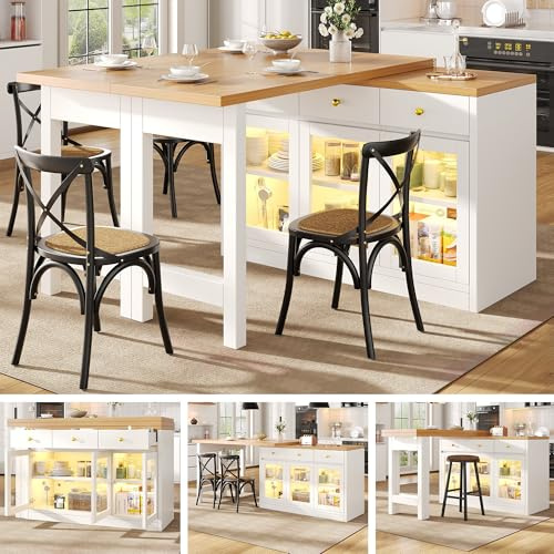 HOXINBLY Tavolo da pranzo telescopico 120-200 cm, Isola cucina con illuminazione a LED, Tavolo da bar con 3 cassetti e ante in vetro, controllo tramite app, Bianco