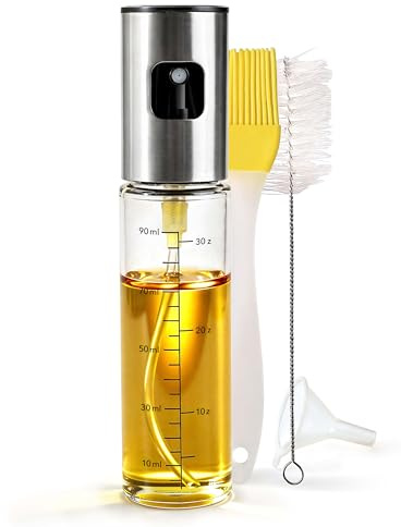 Moritz & Moritz Nebulizzatore per olio, 90 ml, compatto in vetro, per cucina, barbecue e friggitrice ad aria, adatto per olio, aceto, acqua e salsa di soia, con spazzola e strumento per spalmare