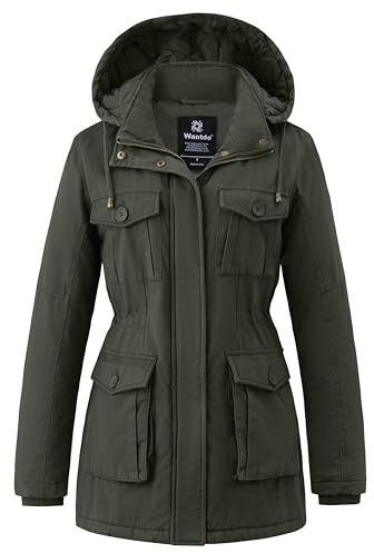 Wantdo Women's Outdoor Windproof Jacket Classic Cotton Hoodie Jacket Winter Ladies Parka Coat Warm Fleece Jackets Army Green S