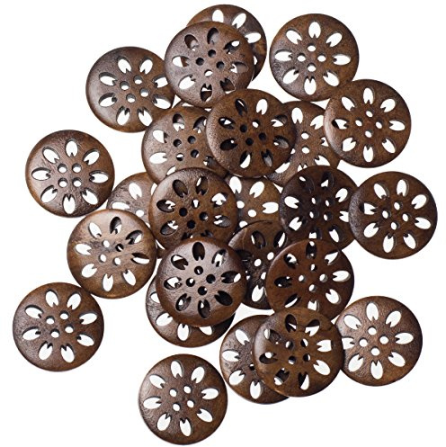 25 Holzknöpfe, Knöpfe aus Holz (4 Löcher), Motiv: Blume, Farbe: braun lasiert, Durchmesser: 2,5 cm