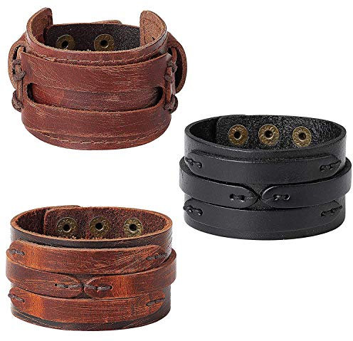 Finrezio 3 Stück Leder Armbänd Breite Punk Rock für Herren Männer Frauen Gürtel Armreif Braun Schwarz Armband