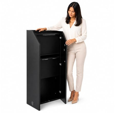 Wonderwall Folding Lectern Podium Black Adjustable Shelf & Cable Management | Sturdy presentation stand features a spacious top ledge and built-in storage shelf. Fast setup for schools and conferences.