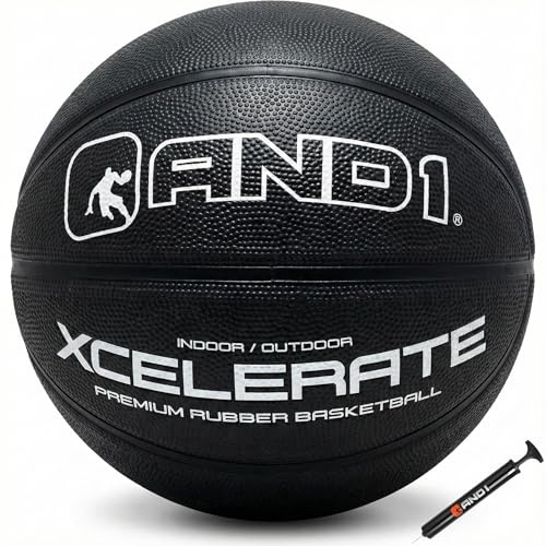 AND1 Xcelerate Rubber Basketball: Official Regulation Size 7 (29.5ā) Streetball, Made for Indoor/Outdoor Games (Basketball w/Pump, Black Classic)