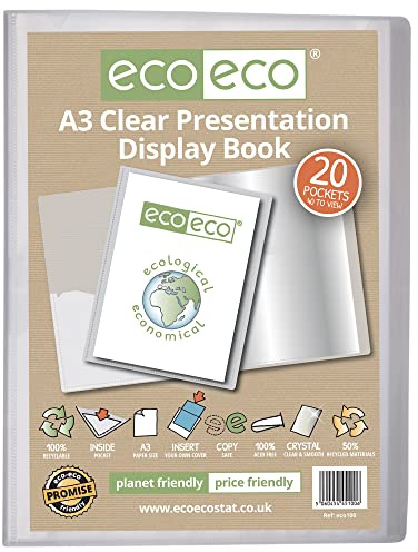 eco-eco Eco100 - Raccoglitore per presentazioni, formato A3, 50% riciclato, 20 tasche, trasparente, con buste in plastica