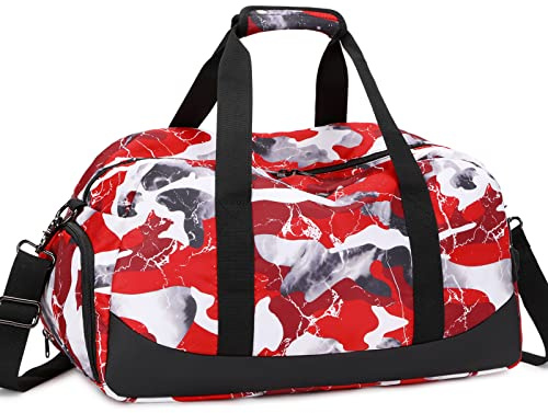 JIANYA Kids Duffle Bag Boys Sports Gym Bag with Shoe Compartment & Wet Pocket, Kids Carry On Weekender Travel Bag, Camo Red