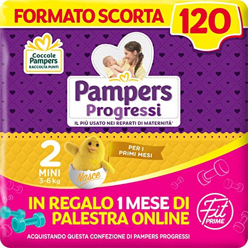 Pampers Progressi and Fit Prime Mini, Formato Scorta, 120 Pannolini, 1 Mese Di Palestra Online In Omaggio, Avana, Taglia 2, da 3 a 6 Kg, Confezione da 120