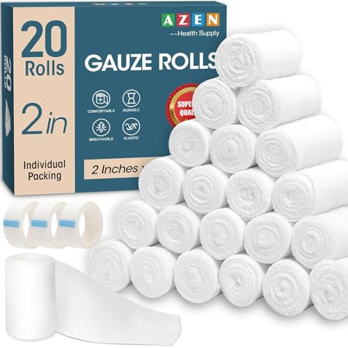 AZEN Confezione da 20 rotoli di garza, 5,1 cm x 4,1 m, forniture mediche di alta qualità e forniture di primo soccorso, bendaggi per veterinari