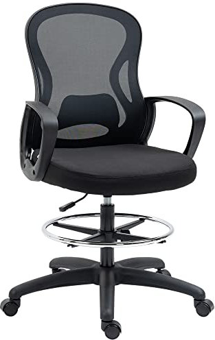 Vinsetto Bürostuhl, Ergonomischer Zeichenstuhl mit Verstellbarer Fußstütze, 103-123 cm Höhenverstellbarer Computerstuhl, Drehstuhl, Arbeitsstuhl mit Rollen, Mesh, Schwarz