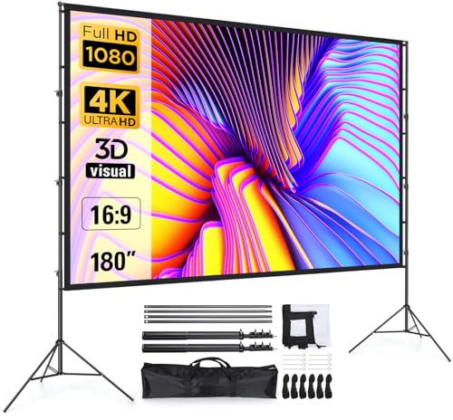 Beamer Leinwand 180 Zoll mit Faltbarem Standfuß, LEORFI Outdoor-Indoor Projektionswand HD 16:9, Tragbare Filmleinwand mit Tragetasche, Höhenverstellbar, für Camping und Heimkino
