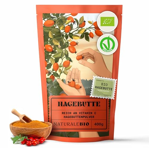 NaturaleBio Rosa Canina Cruda Biologica in Polvere 400g. Naturale e Pura da Bacche di Rosa Canina Bio, Cinorrodo macinato intero. Ricca di Vitamina C, ideale per Infusi, Tisane e Frullati.