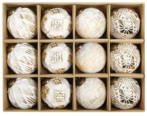 SVNVIOZ 12 Stück 8cm Weihnachtskugeln Weiß Gold, Christbaumkugeln Kunststoff Deko Weihnachten, Bruchsicher Weihnachtsbaumschmuck mit Aufhänger, Weihnachtsbaumkugeln für Weihnachtsdeko Innen Aussen