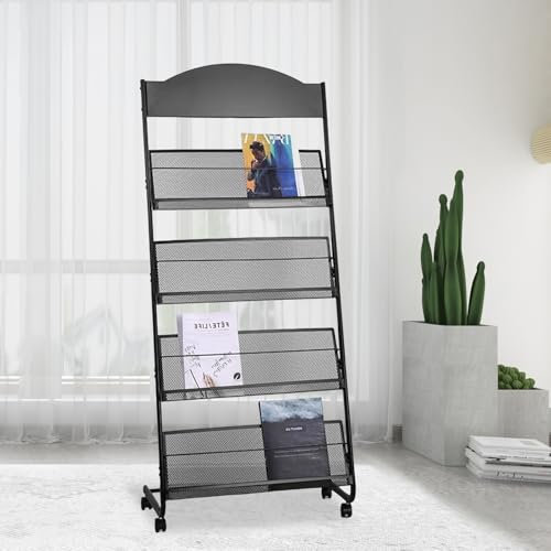 Whemyreat Présentoirs Support Au Sol Porte-brochures,Porte-revues,Présentoir à livres,Kiosque à Journaux Titulaire,3 feuilles A4 de largeur,Porte-revues,Avec roues universelles,Noir