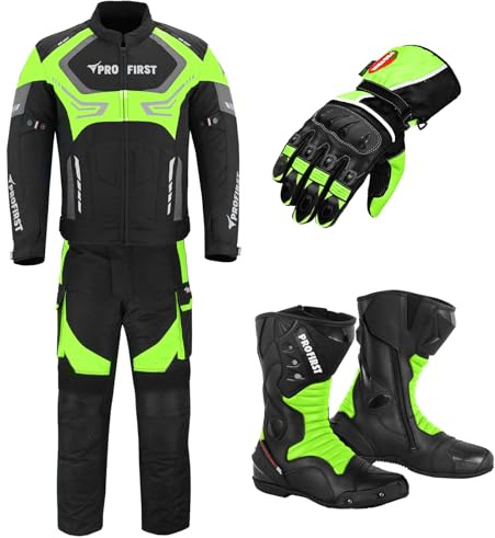 Motorcycle Protected 2 Piece Suit For Men, Bike Jacket WaterProof Fabric CE Armour Protected Trouser, Gloves With Long Leather Boots, Motorcycle Accessories (Green, L)