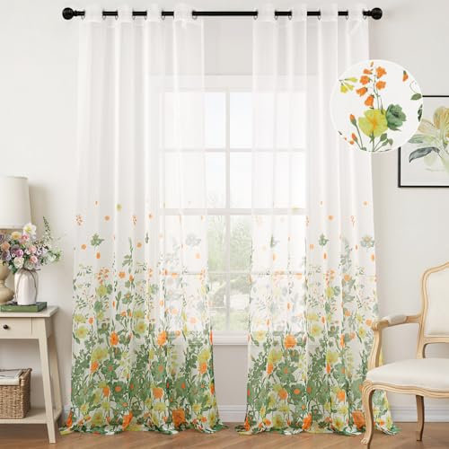 Woaboy Cortina Dormitorio Verde Visillo con Estampadas Flores Ventana Decorativo Tansparente Moderno para Salón Habitación 2 Piezas 140x260cm