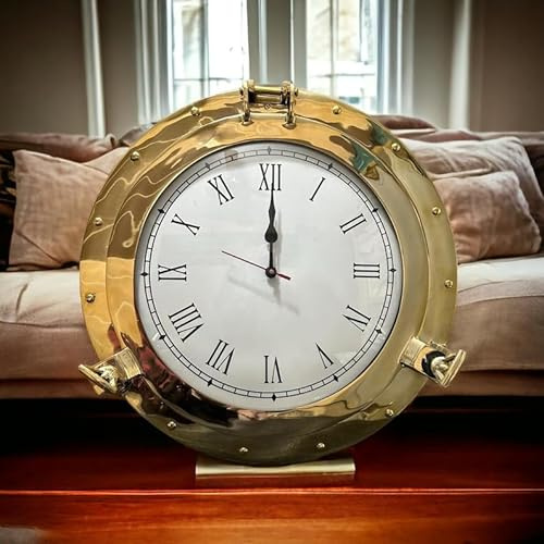 CREATIVEERA Horloge à hublot antique en laiton - Montre nautique marine silencieuse à piles - Décoration murale à quartz pour la maison et le bureau - 30,5 cm (laiton, laiton)