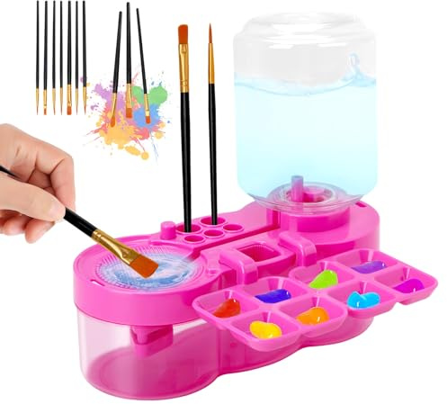 Foyucool Limpiador de Pinceles, con 10 Pinceles, Rosa | Limpiador de Brochas, Diseño del Ciclo del Agua, con Portapinceles y Paleta, para Acrílico, Acuarela y Base de Agua