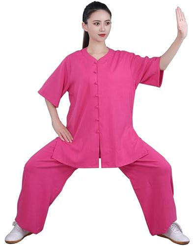 Uniforme de Tai Chi para Mujer, Traje Tradicional Chino de Kung Fu, Ropa de Artes Marciales de Manga Corta para Meditación Zen, Wing Chun/Uso Diario en Casa,Rosered-L