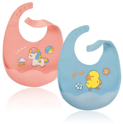 LAJUP Lot De 2 Bavoirs Étanches En Silicone, Bavoir Bébé En Silicone Imperméable, Facile À Nettoyer Pour Bébés Et Jeunes Enfants, Imperméables Et Réglables Avec Grande Poche Attrape-Aliments